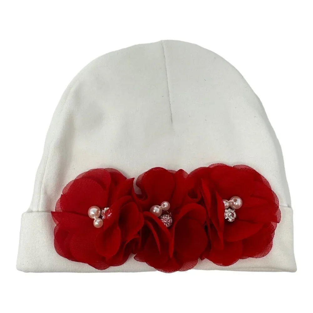 Handmade Infant Girl Beanie Hat Red White Neutral Christmas Holidays Valentines